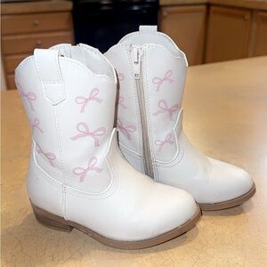 Off White Boots with Pink Bow Accents
